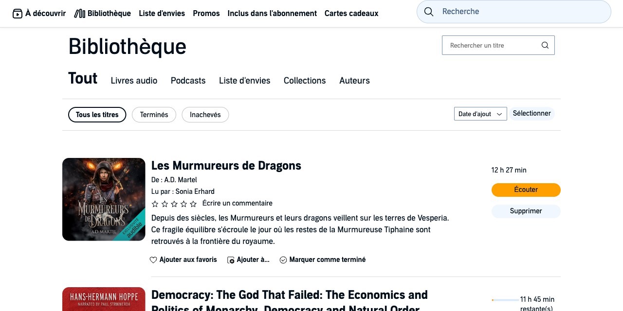 La bibliothèque Audible affichant tous les titres achetés, conservés définitivement