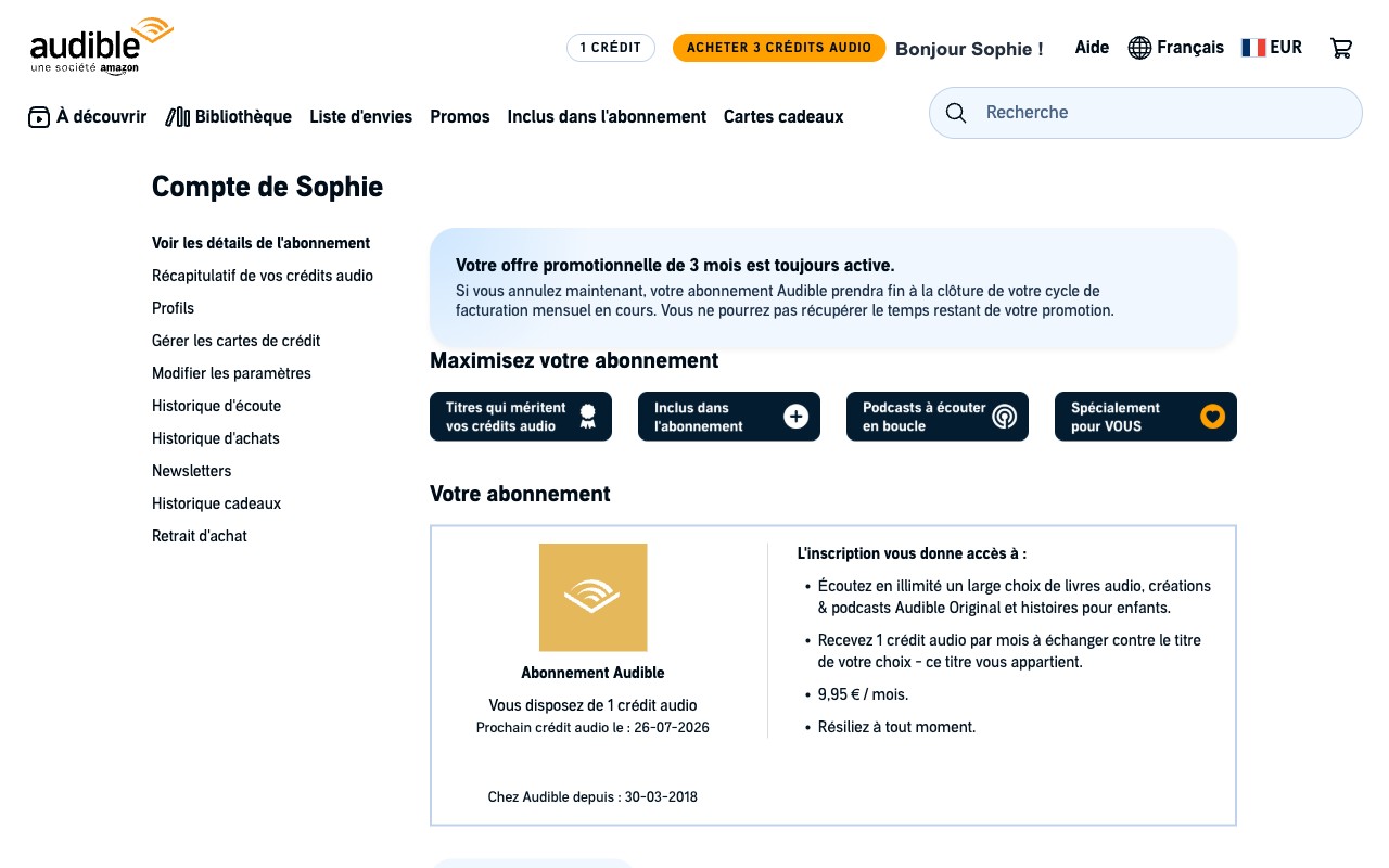 Détails de l'abonnement Audible dans Mon compte : offre en cours, crédit disponible et date du prochain crédit