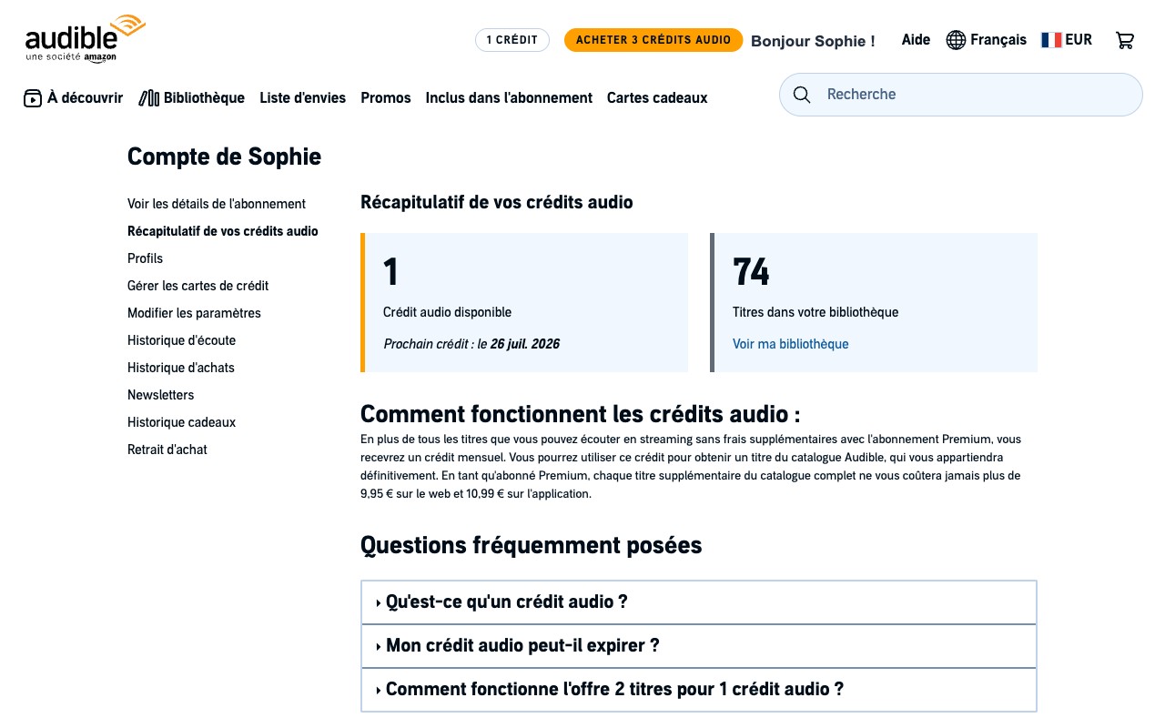 Récapitulatif des crédits Audible dans Mon compte