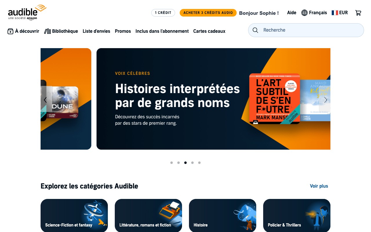 Page d'accueil d'Audible France une fois connecté, avec le compteur de crédits visible en haut
