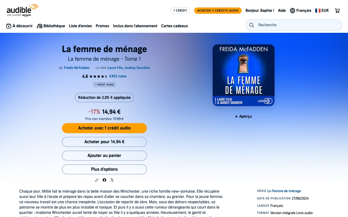Bouton pour payer un livre audio avec 1 crédit Audible
