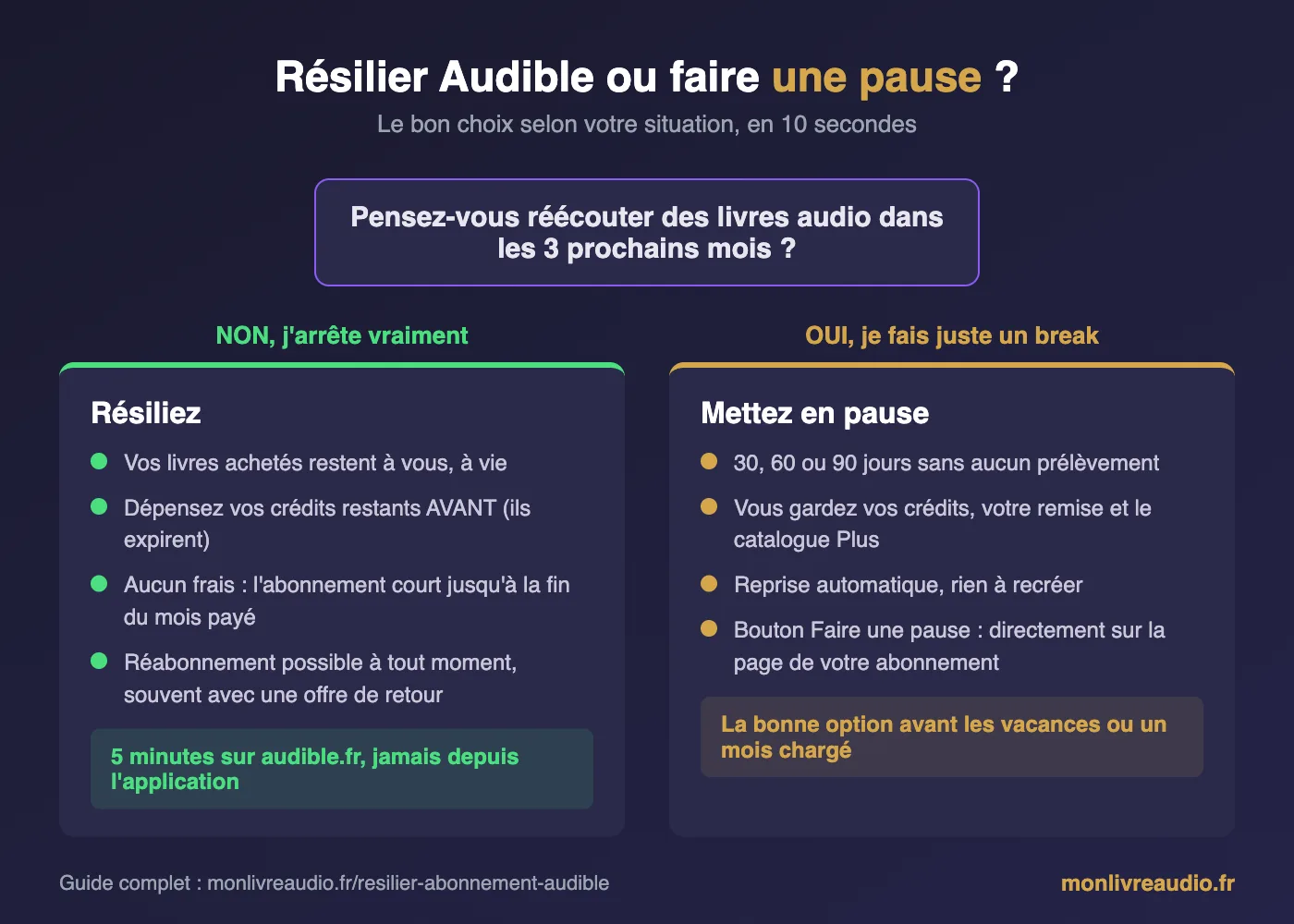 Infographie : résilier Audible ou mettre son abonnement en pause, le bon choix selon votre situation