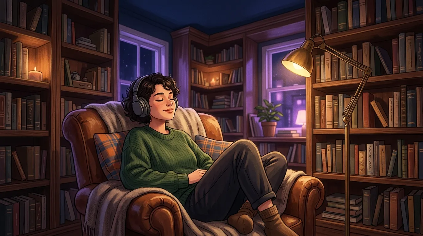 Illustration : une personne détendue écoute un livre audio au casque dans un fauteuil, entourée de bibliothèques, le soir