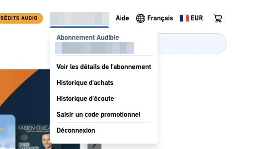 Menu du compte Audible avec le lien Voir les détails de l'abonnement