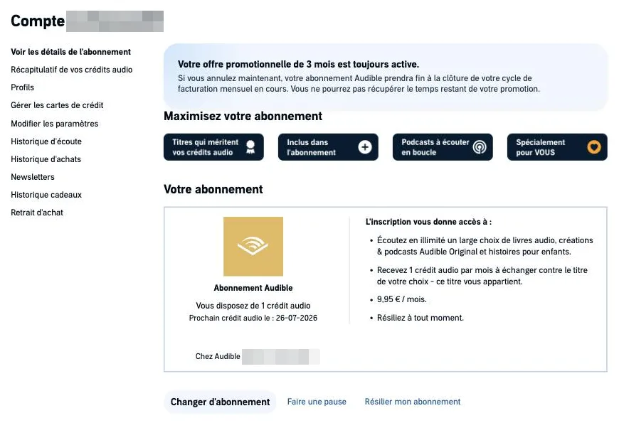 Page abonnement Audible avec les actions Changer d'abonnement, Faire une pause et Résilier mon abonnement