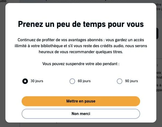Fenêtre Audible de mise en pause de l'abonnement pour 30, 60 ou 90 jours