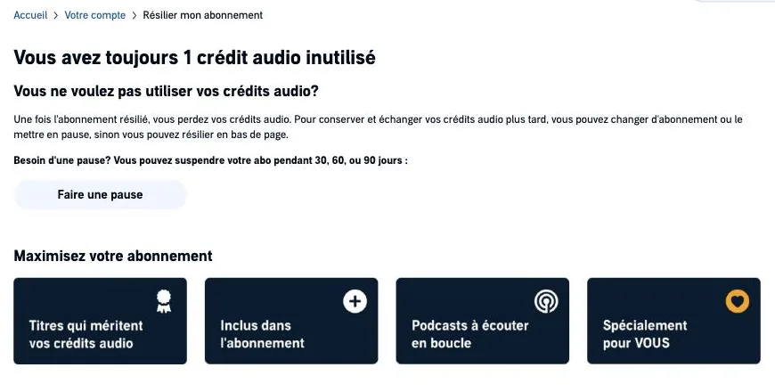 Premier écran de résiliation Audible rappelant le crédit audio inutilisé