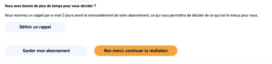 Boutons Garder mon abonnement et Non merci, continuer la résiliation en bas de la page Audible